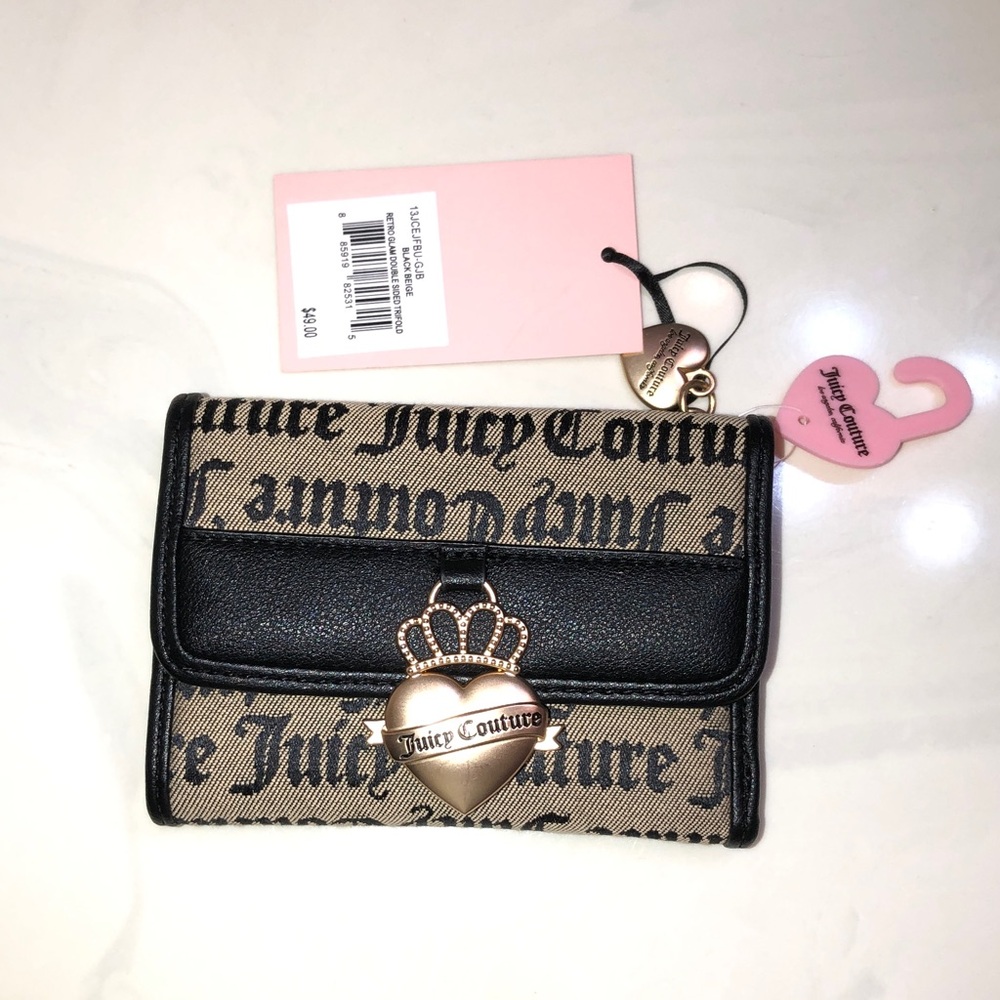 Juicy Couture Black Beige Retro Glam Double Sided Trifold Wallet Heart Charm NWT